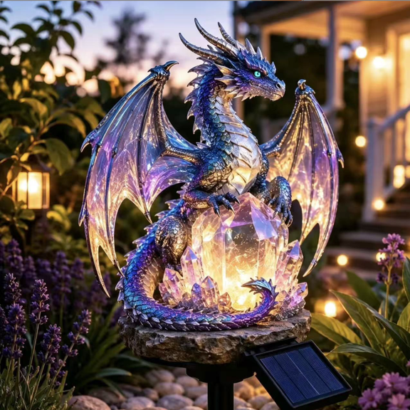 Solar Dragon Garden Statue Light | 17.7inch Dragon Outdoor Figurine Lights | Purple Solar Powered LED Lamp Resin Statue for Outside
