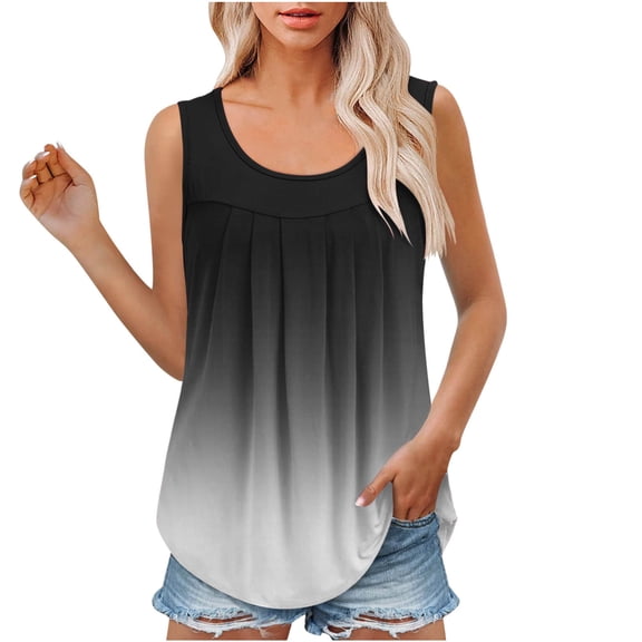 up to 60% off Gifts wycnly Womens Tank Tops Fashion Loose Fit Irregular Pleated Hem Ladies Tunic Shirts Summer Trendy Gradient Print Crewneck Sleeveless Shirts Blouse Black s