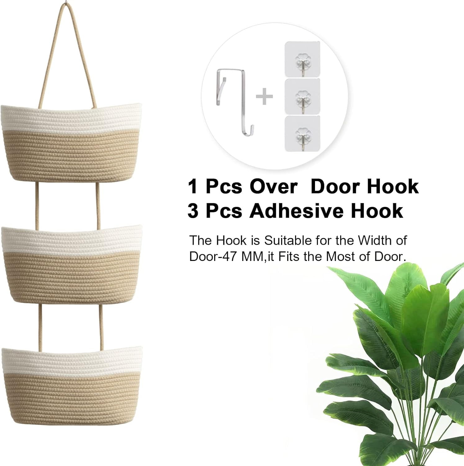 Over the Door Hanging Basket, 3-Tier Woven Cotton Wall-Mounted Storage Organizer Bag Decorative Hanging Nursery Baskets - Jute