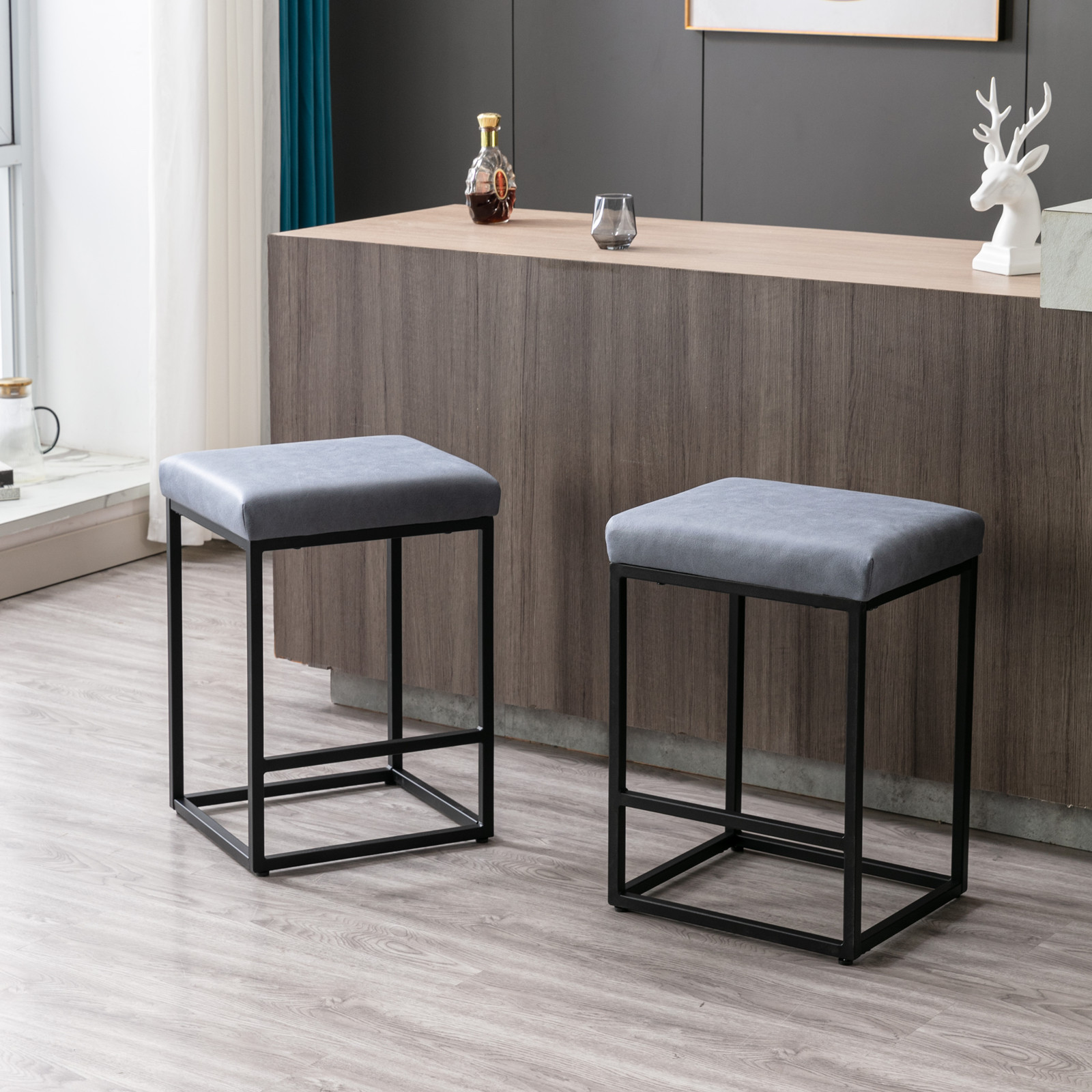 Set of 2 Industrial Upholstered Faux Leather Bar Stools, Modern Square Counter Backless Counter Height 24" Bar Stools for Dining Room, Kitchen, Island, Counter and Pub, Blue - image 1 of 7
