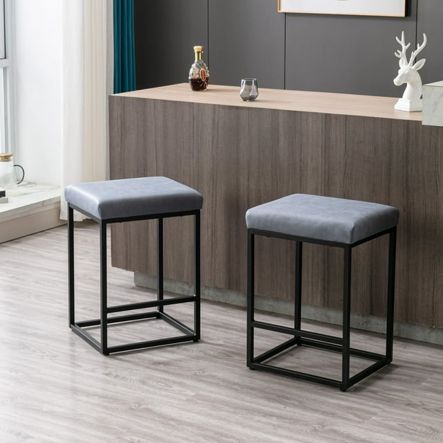Set of 2 Industrial Upholstered Faux Leather Bar Stools, Modern Square Counter Backless Counter Height 24" Bar Stools for Dining Room, Kitchen, Island, Counter and Pub, Blue