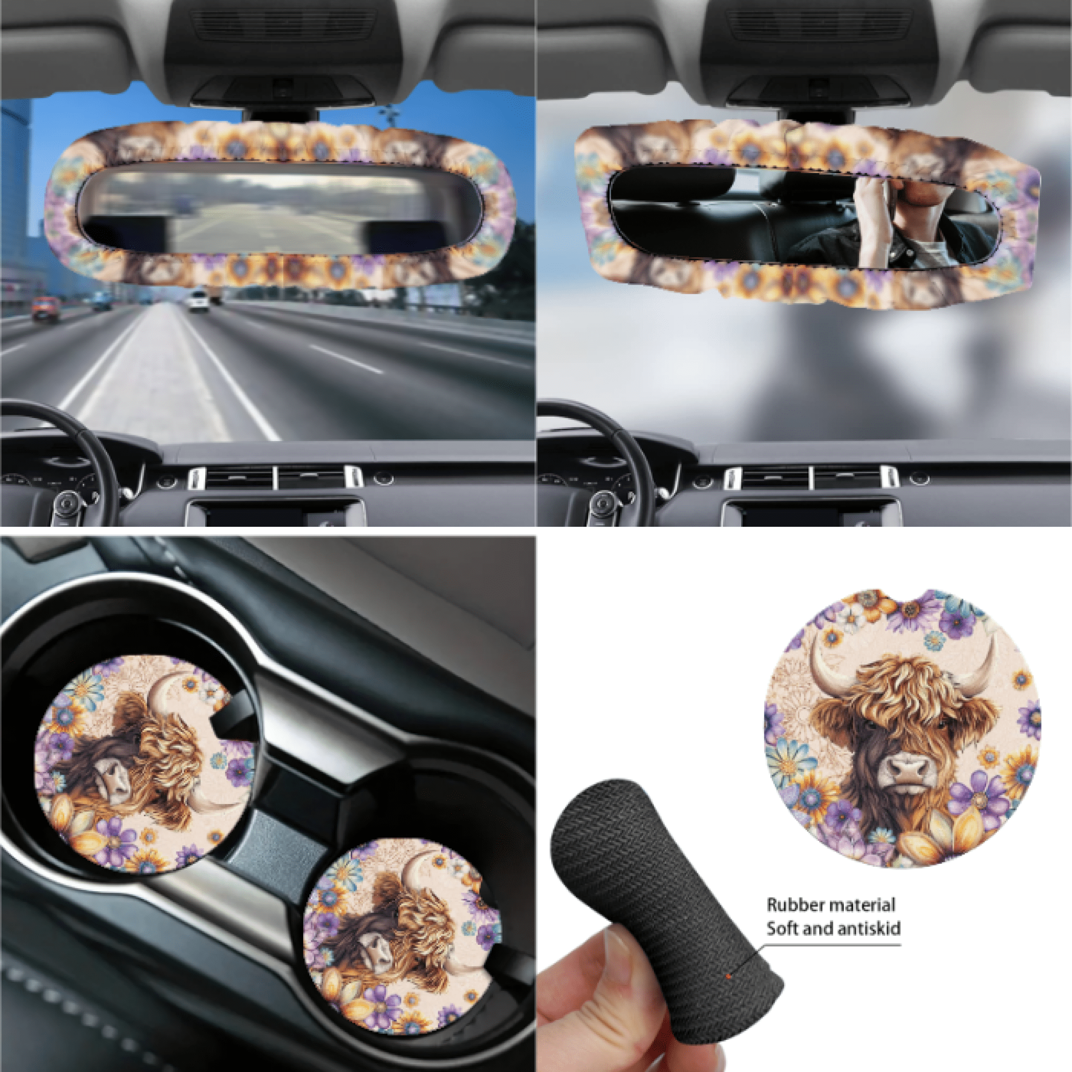 HUIACONG Car Interior Accessory Kit, with Car Cup Coasters Rearview Mirror Protector Car Seatbelt Shoulder Strap Cover, Calf Floral Design Quick Install Personalized