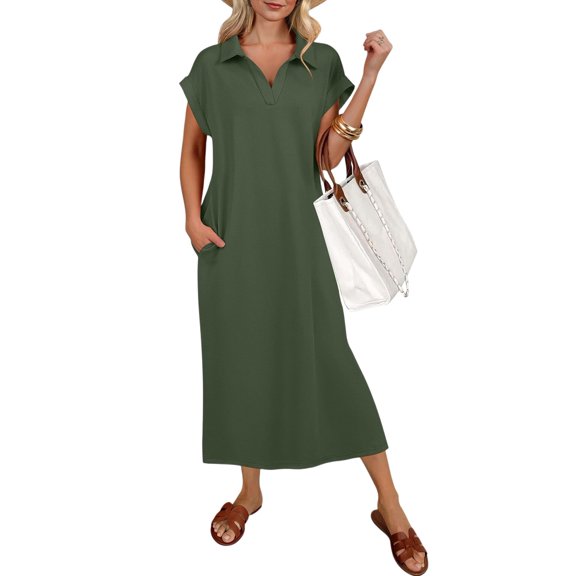 Women Summer Casual Midi Dresses Short Sleeve V Neck Loose Split Beach Vacation Tshirt Maxi Dress Green S