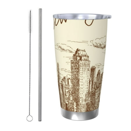 

Fuzoiu New York Print 20oz Tumbler Stainless Steel Vacuum Insulated Car Cup Insulated Coffee Mug Travel Mug with Lid Thermal Cup for Outdoor-Straw Two-piece Set