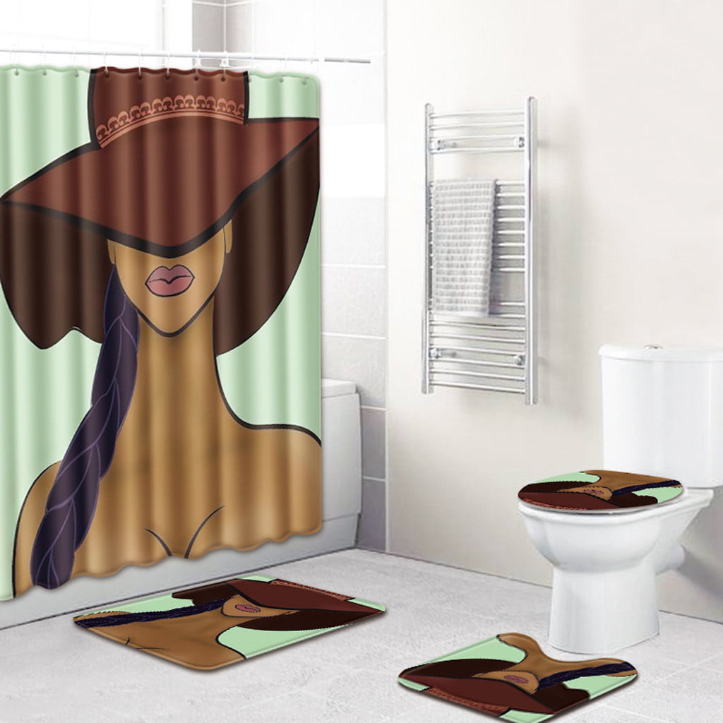 4pcs Set Multi Type Shower Curtain+Bathroom Mat Rug Toilet Seat Cover Bath Pad 