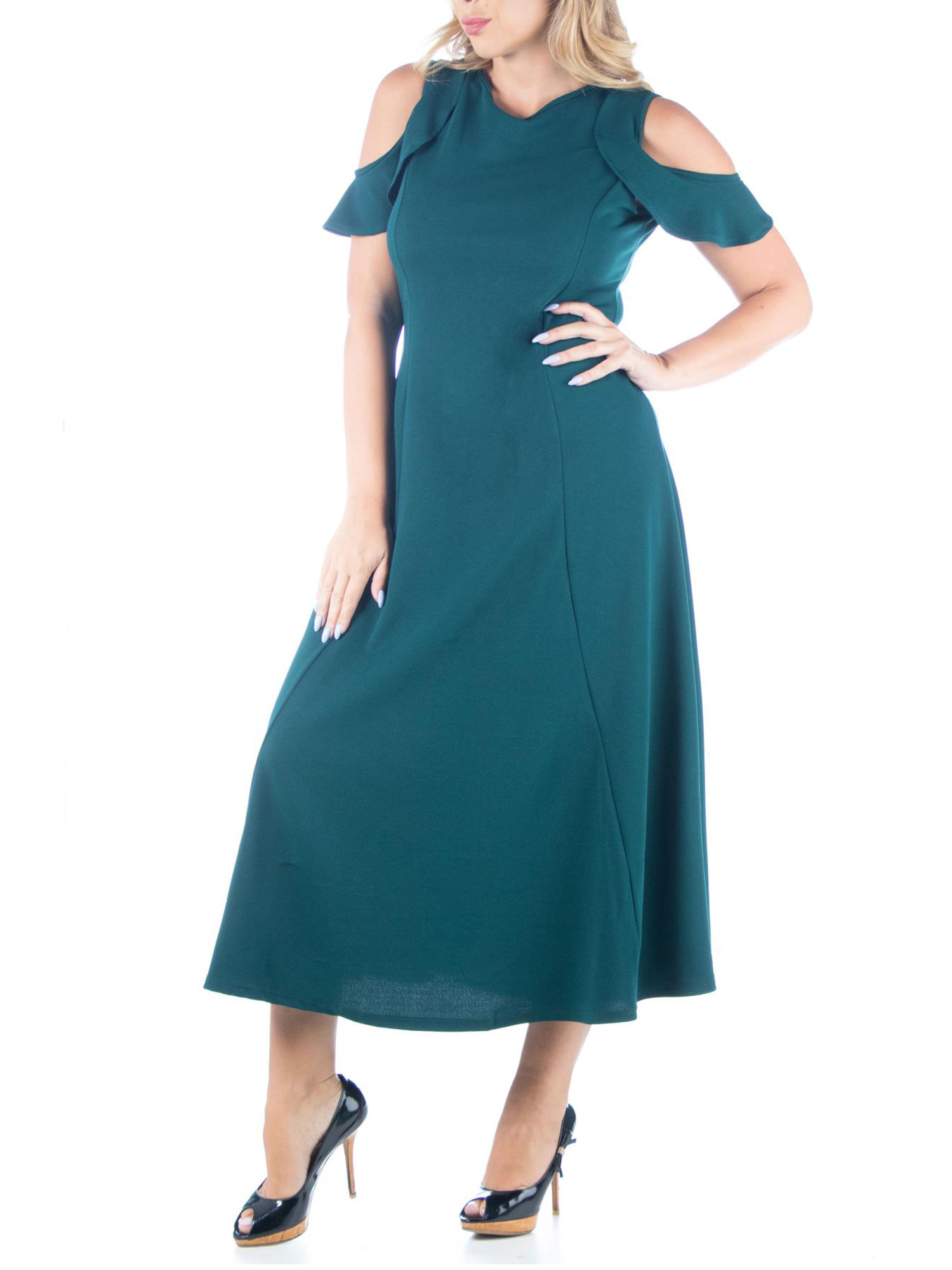 24seven Comfort Apparel Plus Size Ruffle Cold Shoulder A Line Maxi Dress