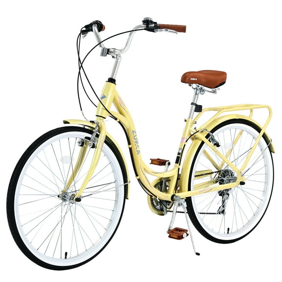 Track Seven 24 Inch Beach Cruiser Bike, Womens Bike with 7 Speed, High-Carbon Steel Ladies City Bikes with Dual V-Brake, Commuter Bicycle for Adult and Women, Yellow