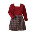 thumbnail image 2 of Wavsuf (3-8 Years) Red Knit Long Sleeve Top + Plaid Button Half Tweed Skirt Set Two Piece Skirt Set Red Size 4Y, 2 of 8