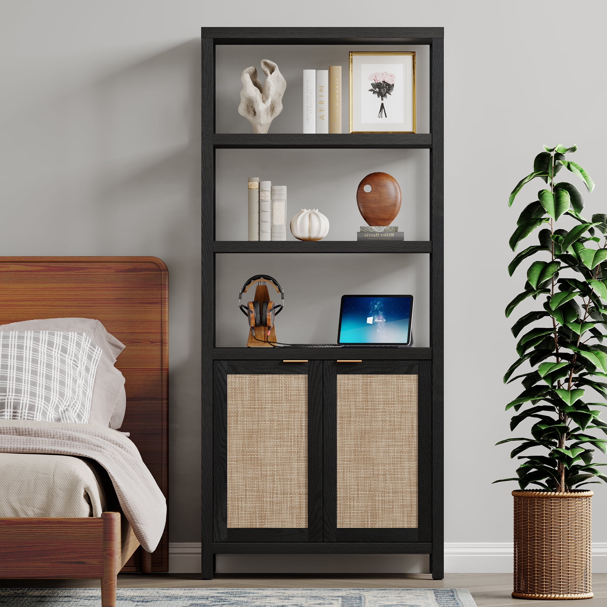 SICOTAS 71" Tall Bookcase with Doors, Boho 5 Tier Rattan Bookshelf Set of 3, Mid-Century Bookcase with Storage Cabinet for Living Room, Bedroom, Library & Home Office in Black Oak