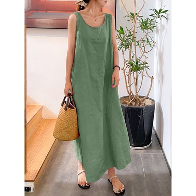 Summer New Long Version Sling Cotton Linen Simple Loose Pocket Round Neck Temperament Sleeveless Dress Women Dress for Women4XL Gao Jinjia LED