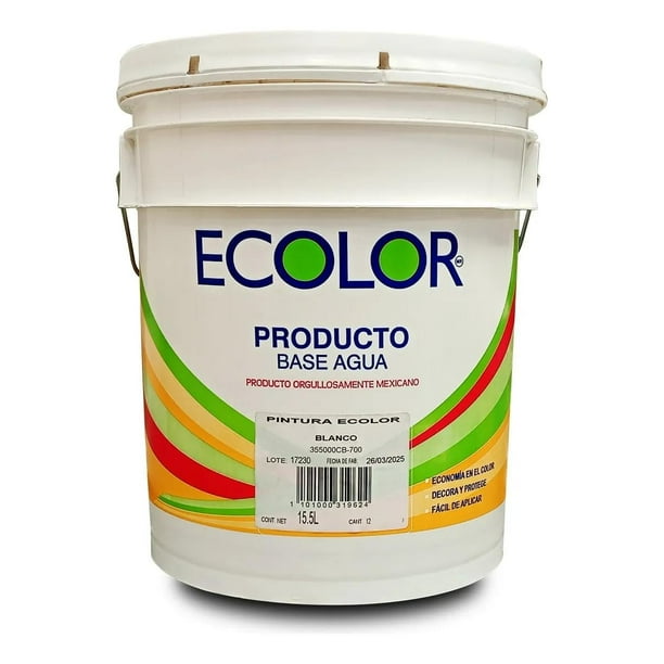PINTEX Pintura Vinílica ECOLOR Concentrada 3 Años | Cubeta de 15.5 Litros Rinde 19 L | Interior y Exterior | Color Blanco | Base Agua | Acabado Mate | Alta Cobertura Económica