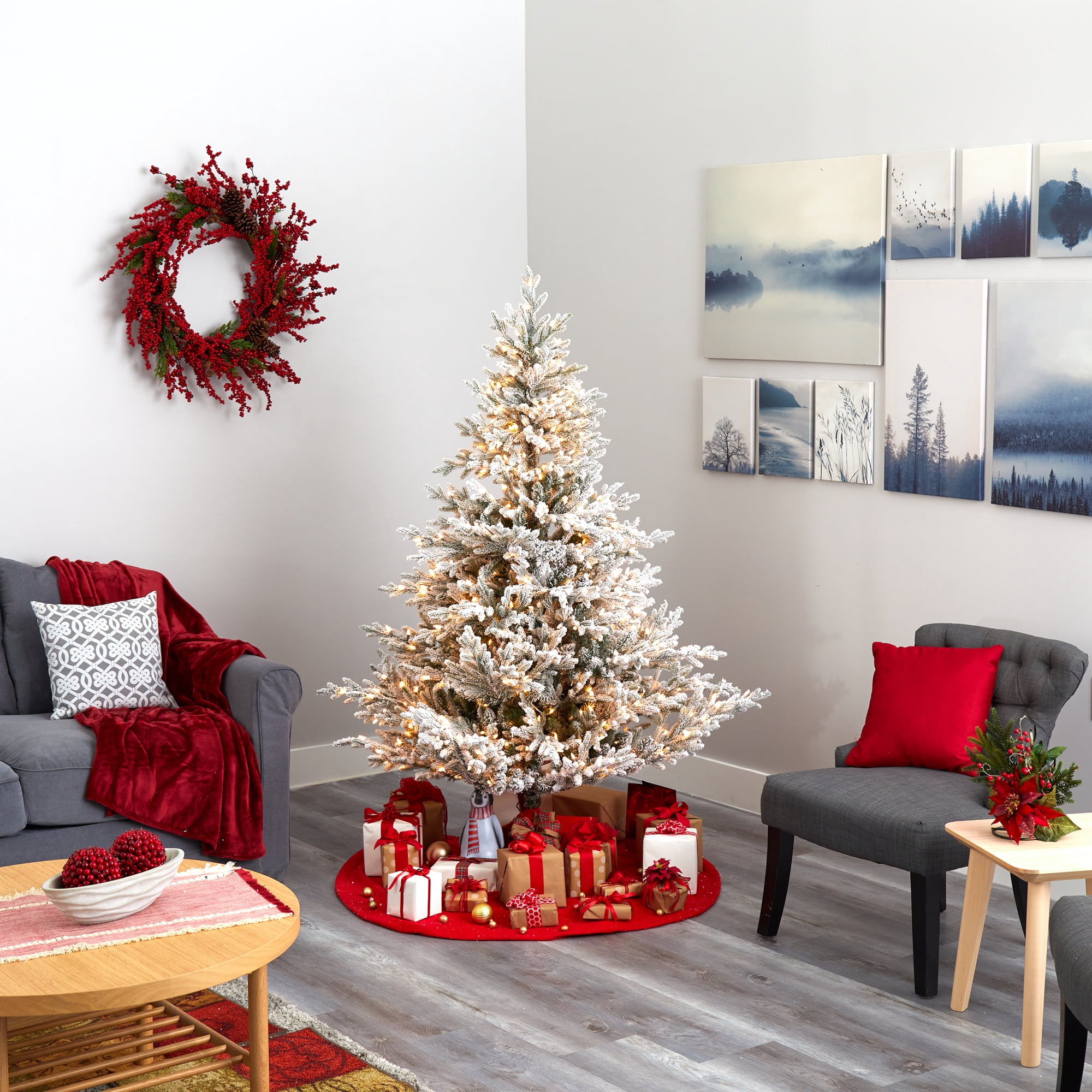 Nearly Natural 6' Green Fraser Fir Flocked Artificial Christmas Tree Prelit 500 Warm White Lights