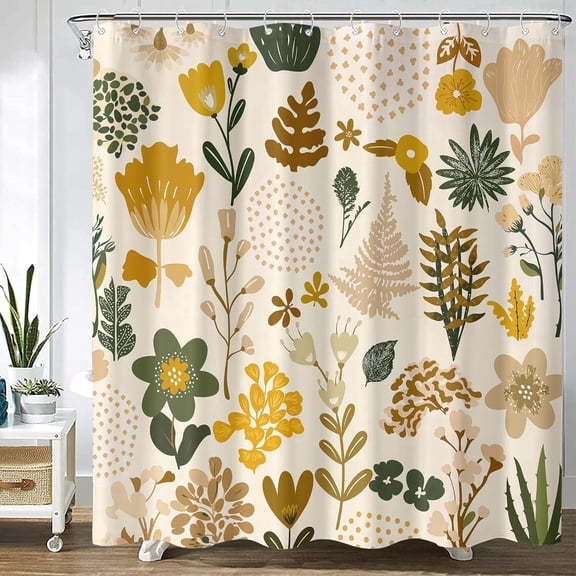 Shower Curtain Bohemian Hand-Painted Floral Waterproof Fabric Bath Curtain with Hooks for Bathtub, Boho Bathroom Decor 60"x72"