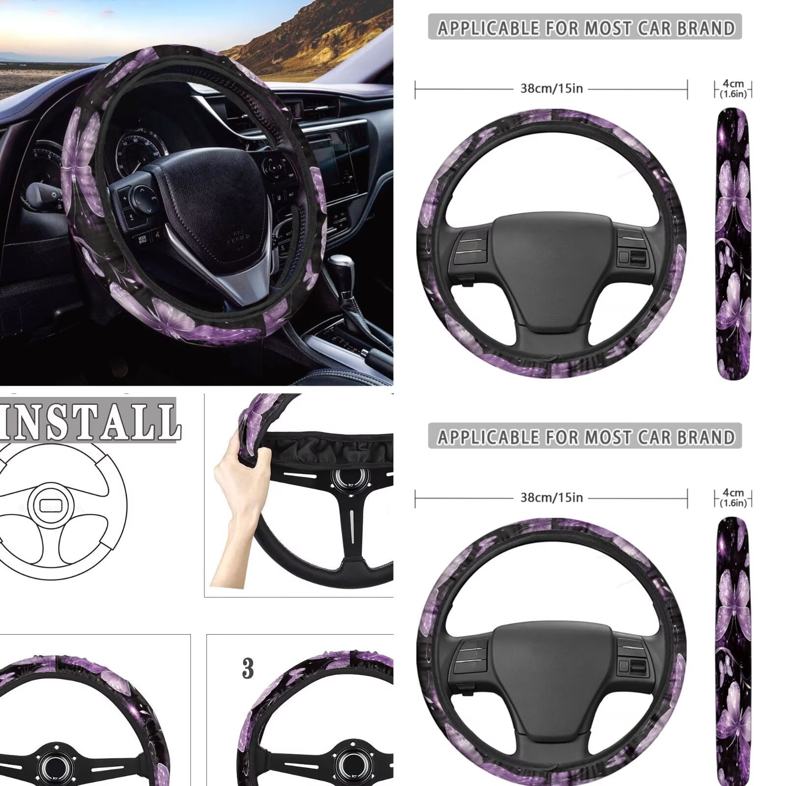 KUIFORTI 12 Pcs Butterfly Car Seat Covers and Accessories for Women, Steering Wheel Cover,Seat Belt Shoulder Pad Mirror Cover Coasters Car Auto Air Vent Keychain Chapstick Holder Car Trash Can
