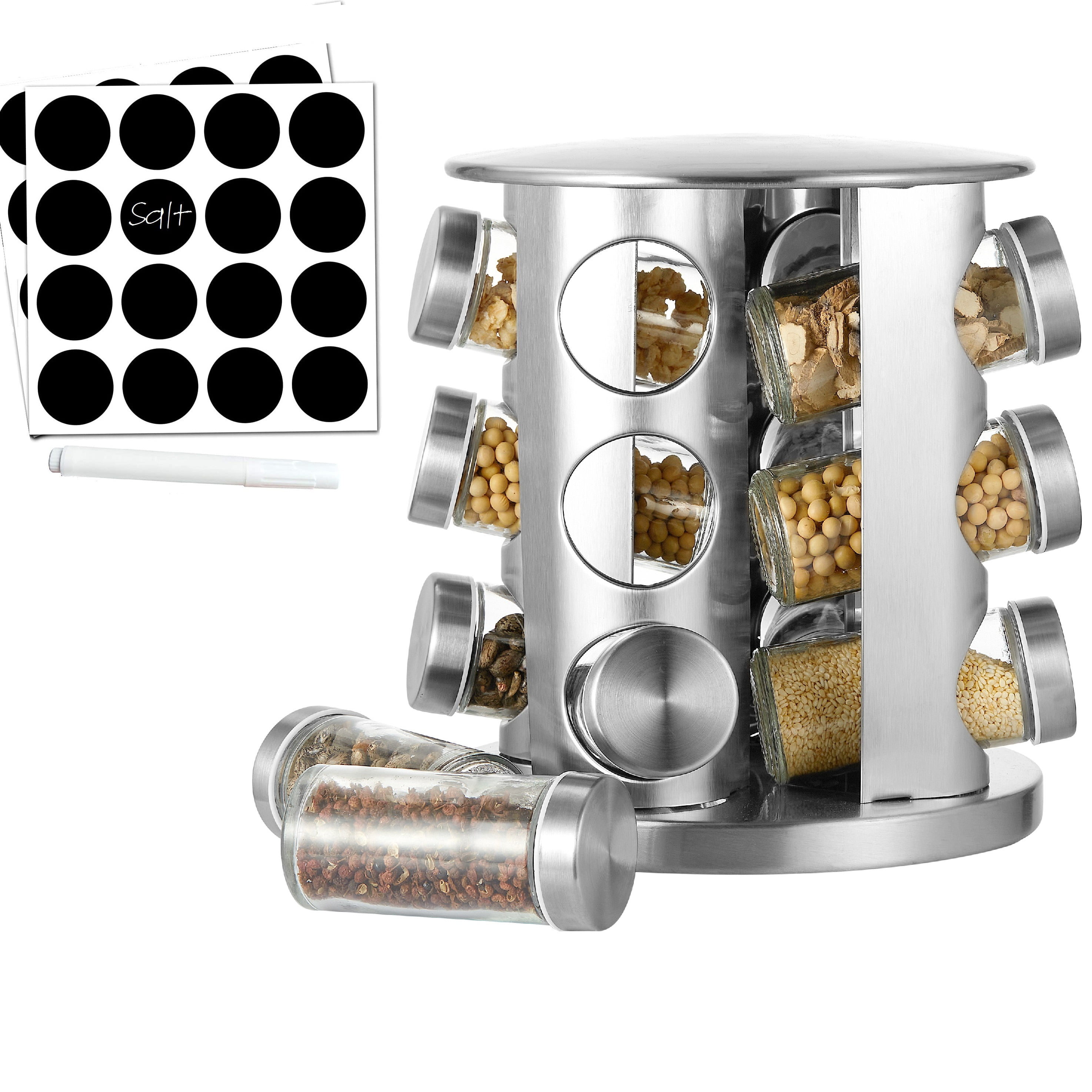 Cheer Collection Stainless Steel Rotating Spice Rack with 12 Jars, Includes Dry Erase Marker and Reusable Labels