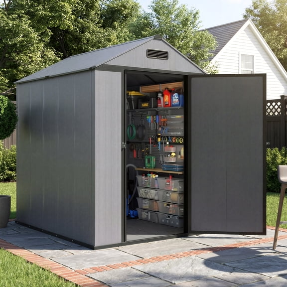 PABIMIA 4x6 FT Resin Storage Shed with Floor Outdoor Plastic Tool Shed, Weatherproof Garden Shed with Sloped Roof, Built-In Vents & Padlock-Ready Door