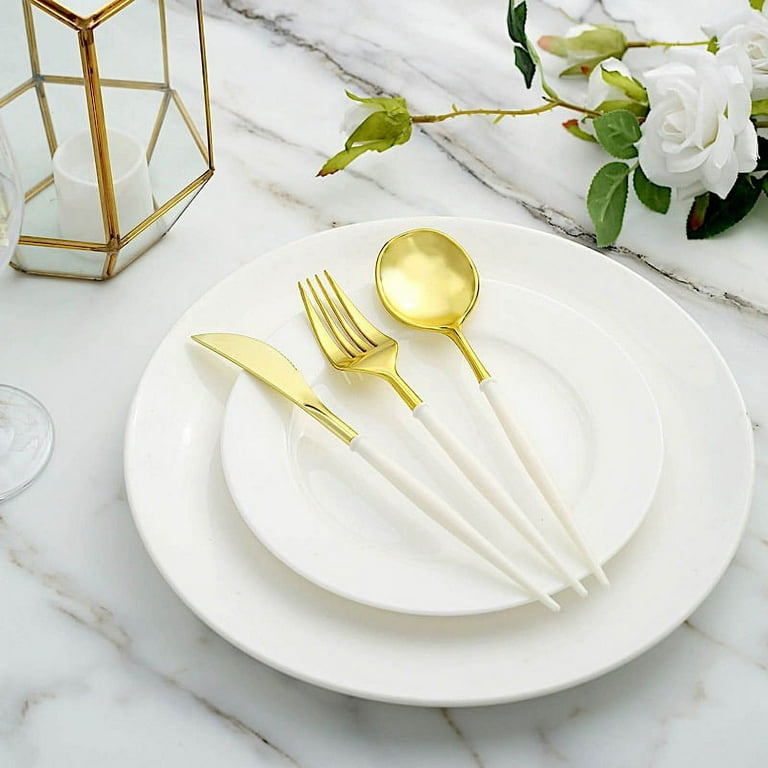 24 GOLD BEIGE Plastic CUTLERY Disposable Spoon Fork Knife Set