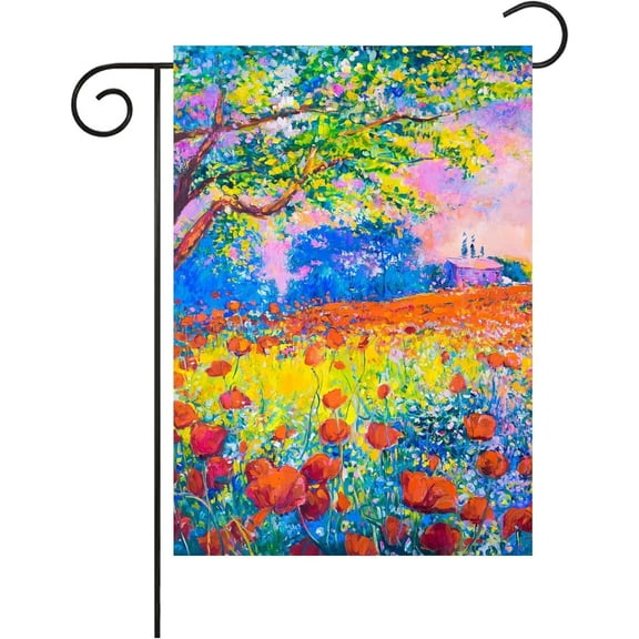Oil Painting Landscape of Colorful Poppies Flowers Garden Flag 12×18 Inch Small Vertical Double Sided Seasonal Outside Decor for Farmhouse Yard