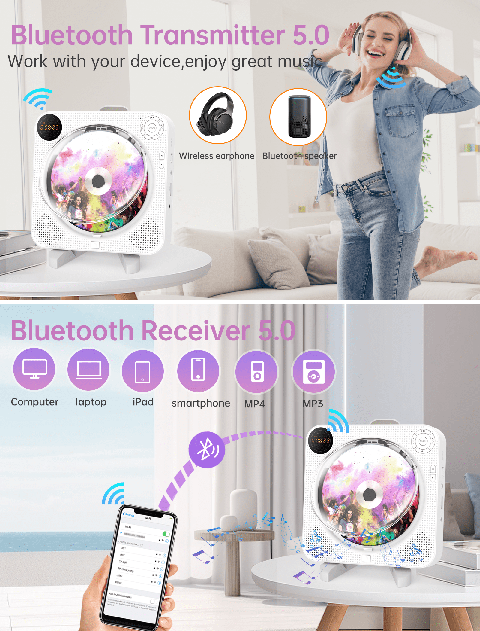 CD Player Portable Bluetooth Wall Mountable Desktop CD Player with Hifi Sound Speakers, Remote Control, Dust Cover, LED Display, Support FM Radio Wireless, AUX in Cable&USB,Repeat