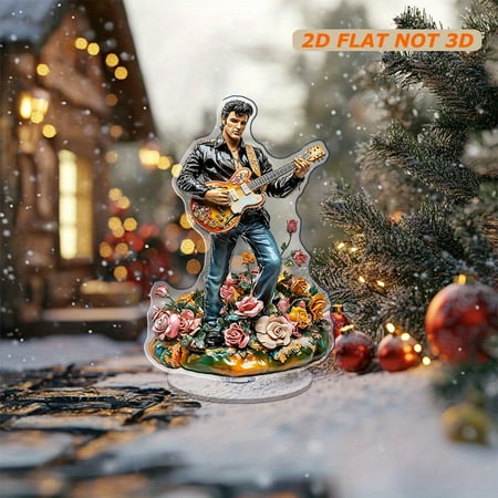 

Rotating acrylic display featuring Elvis Presley with a guitar surrounded by roses in a black leather jacket and jeans on a stylish base