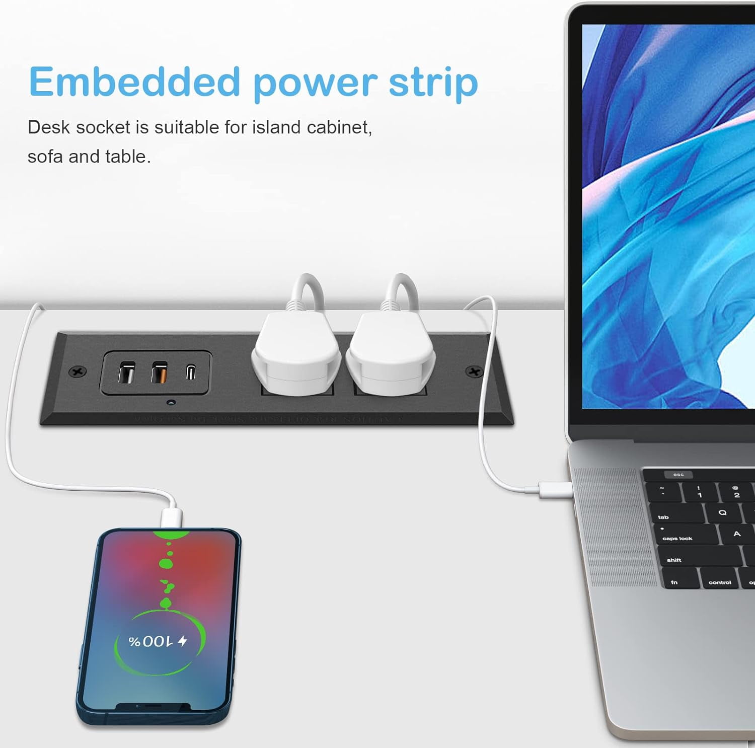 Recessed Power Strip with 20W USB C Port, Fast Charging USB A Port Desk Outlet, Furniture Hidden Charging Station for Side Table, End Table, with 6FT 45 Degree Flat Plug Extension Cord,Black