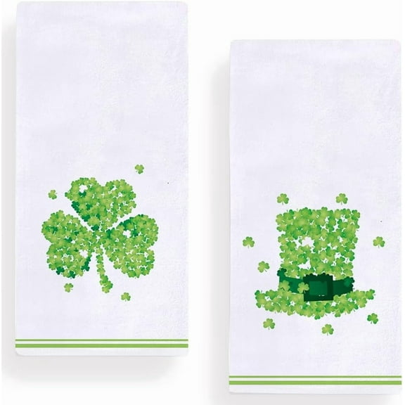 Watercolor Shamrock Hat Stripe Kitchen Towels Dish Towels, 18x26 Inch Seasonal Clover St. Patrick''s Day Decoration Hand Towels Set of 2