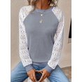 thumbnail image 4 of Women'S Solid Color Lace Trim Long Sleeve T-Shirt Round Neck See Through Casual Elegant Top Light Gray XL, 4 of 9