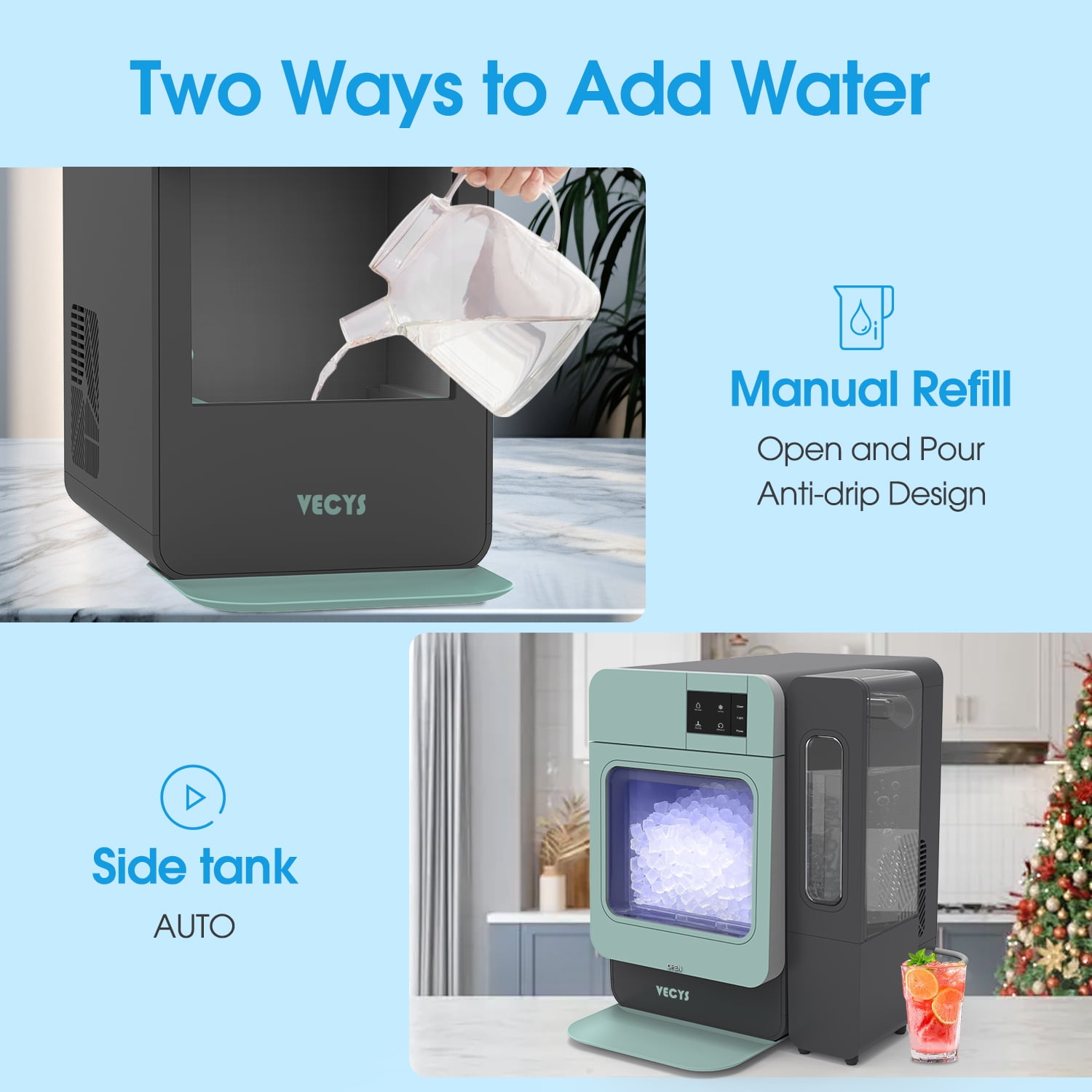 VECYS Nugget Ice Maker W/ Side Water Tank, 44LBS/Day Self-Cleaning, Sage
