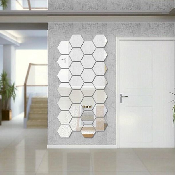 12 pegatinas de pared de espejo hexagonal de plástico 3D, decoración de dormitorio de arte DIY (plata) Likrtyny Libre de BPA