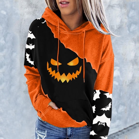 Angala Halloween Pullover for Women Graphic Print Long Sleeve Hooded Sweatshirt Women's Halloween Themed Hoodie with Front Pocket