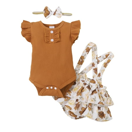 

Mikrdoo Newborn Baby Girls Summer Clothes Ruffle Sleeve Rib Solid Color Romper Floral Print Straps Suspender Skirts Headband 3Pcs Outfits 0-3 Months Brown