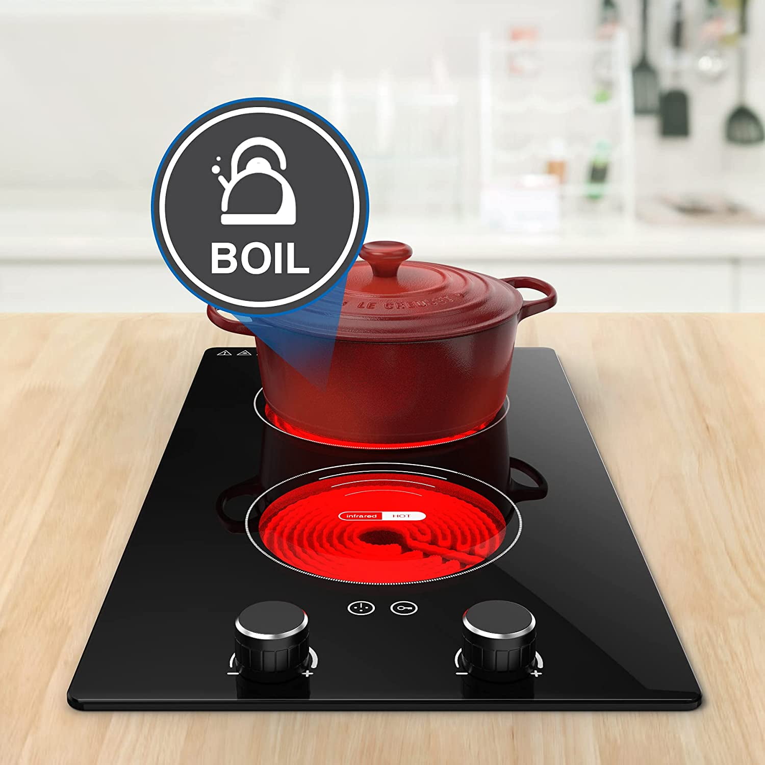 VBGK Electric Cooktop 2 Burner 12 Inch 2000W Electric Burner Countertop and Built-in Hot Plate for Cooking with Plug,120 Minutes Timer & Auto Shutdown Electric Stove,Child Lock Electric Stove Top