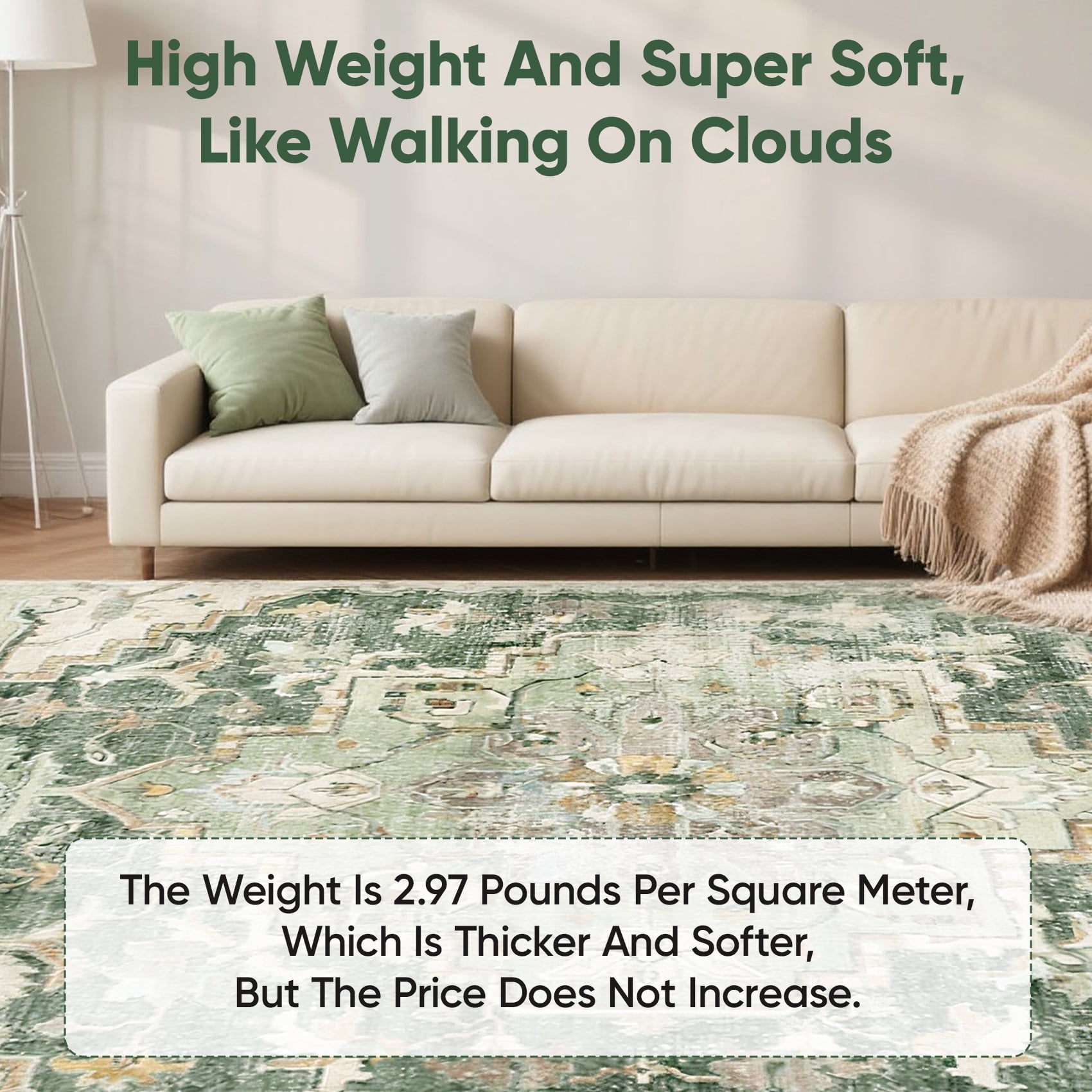 Rugs for Living Room 5x7, Non Slip Machine Washable Indoor Large Rug, Low Pile Chenille Print Mat for Bedroom Dining Room Home Office Kitchen, green