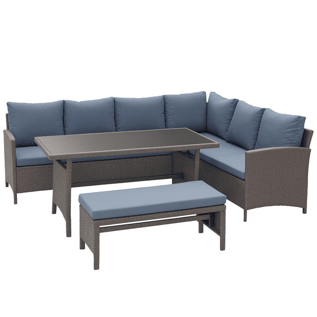 4 Piece Outdoor Patio Rattan Wicker Dining Table Bench Patio Furniture Sofa