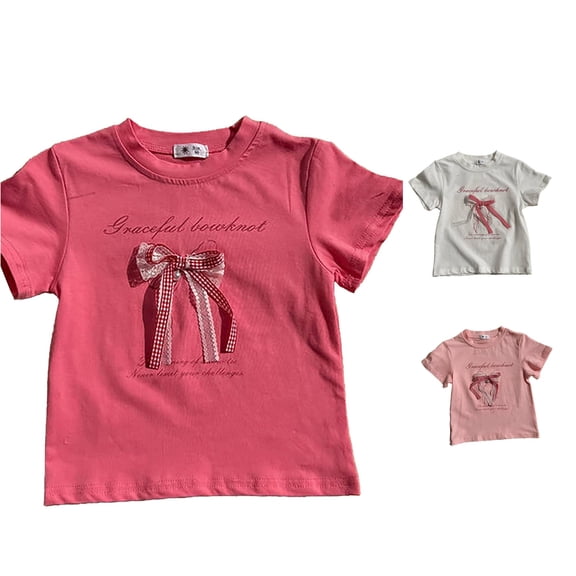 Toddler Girls Cute Short Sleeve T Shirts with 3D Bow Elegant Style Casual Blouse Shirt Size 3-4T ,Pink