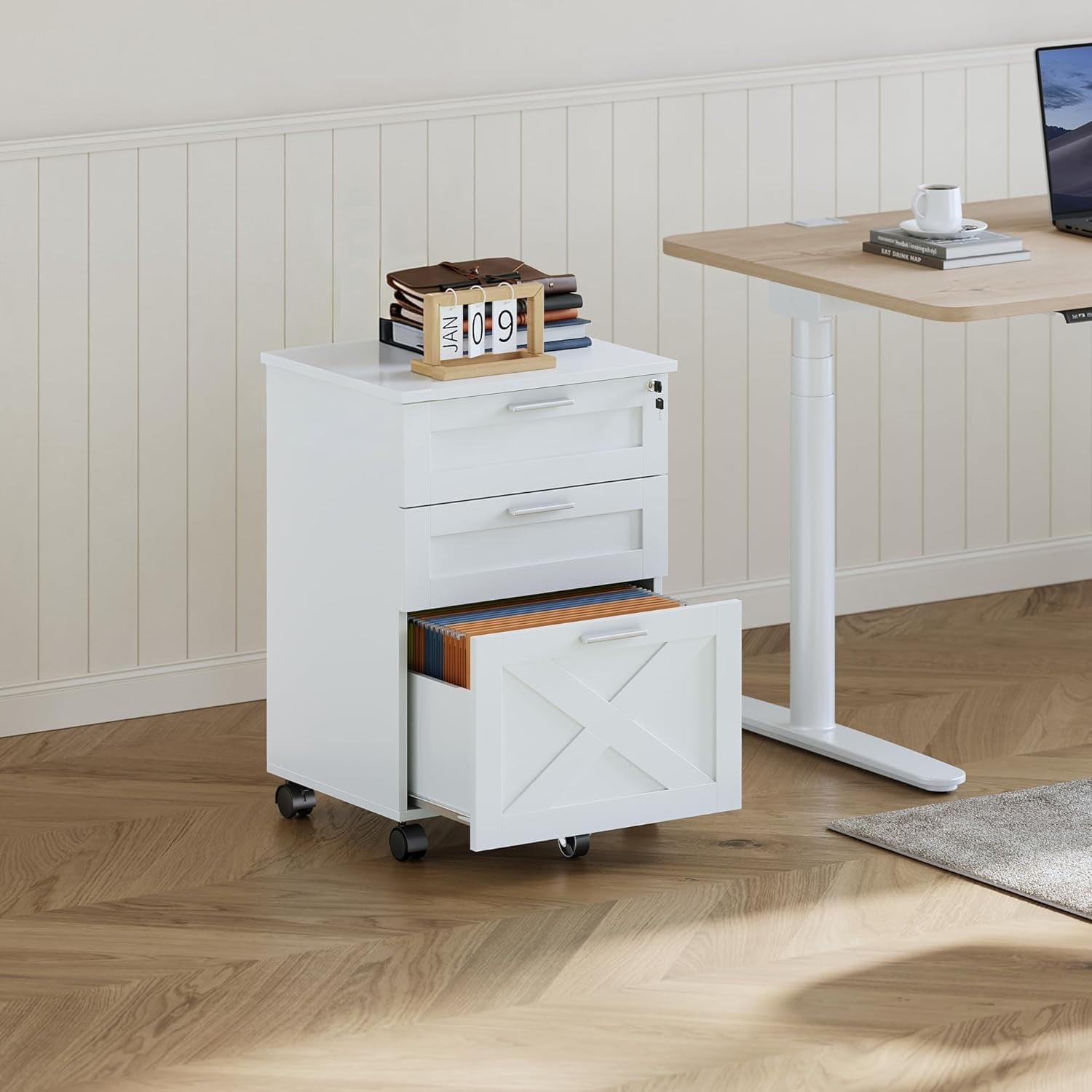 3-Drawer File Cabinet with Lock, Mobile Under Desk Filing Cabinet for Home Office, Wood Storage Organizer for Letter/a4/Legal Size Documents, White