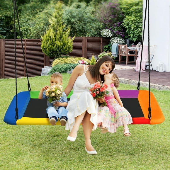 Costway Set Columpio con Cuerdas Regulables para Niños Estructura en Acero Impermeable para Interior Exterior Pórtico Patio Coloreado 150 x 80 cm