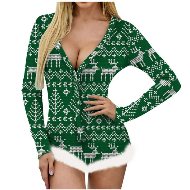 Pijama de Una Pieza Para Mujer, Estampado Navideño, Manga Larga, Cuello en V, Detalle de Plumas, Mono, Lencería, Ropa de Dormir Odeerbi ODB120543