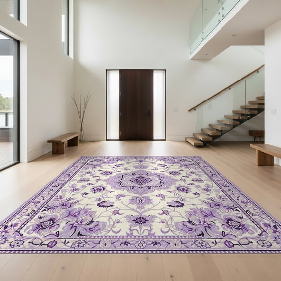 Design&I 8'x10' Washable Area Rug Extra Large Skid-Resistant Low Profile Dorm Purple Boho Vintage Pastel Scroll Border Flower Lilac for Living Room, Family