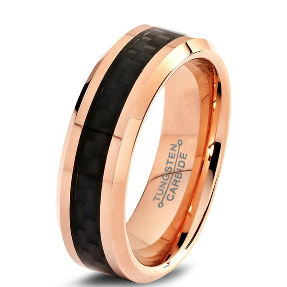 Charming Jewelers Tungsten Wedding Band Ring 6mm for Men Women Comfort Fit 18K Rose Gold Plated Plated Black Carbon Fiber Beveled Edge Polished Lifetime Guarantee Size 4