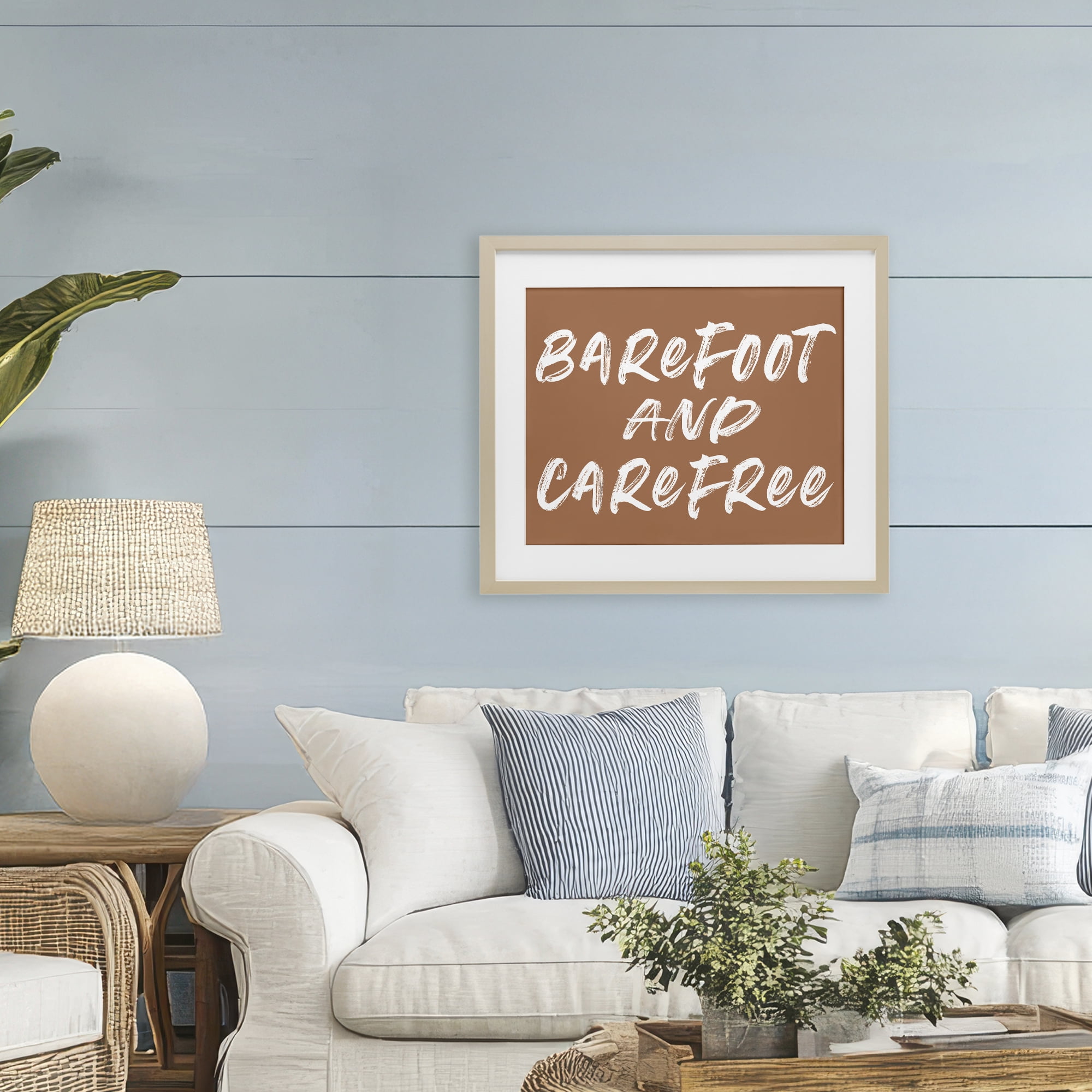 Barefoot & Carefree Brown Birch Framed Print Under Glass, design by Lettered and Lined