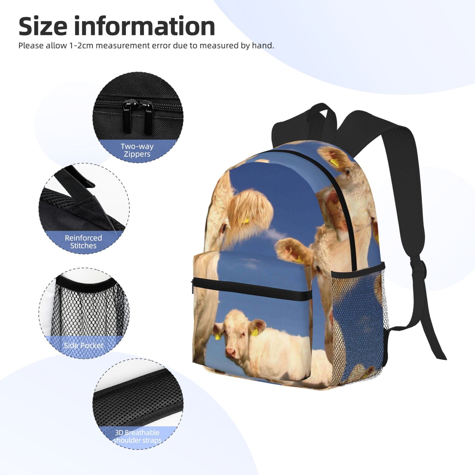 Horeoi Cows Cattles Print Casual Backpack for School Work Travel Hiking with Laptop Compartment and Side Pockets Lightweight Design
