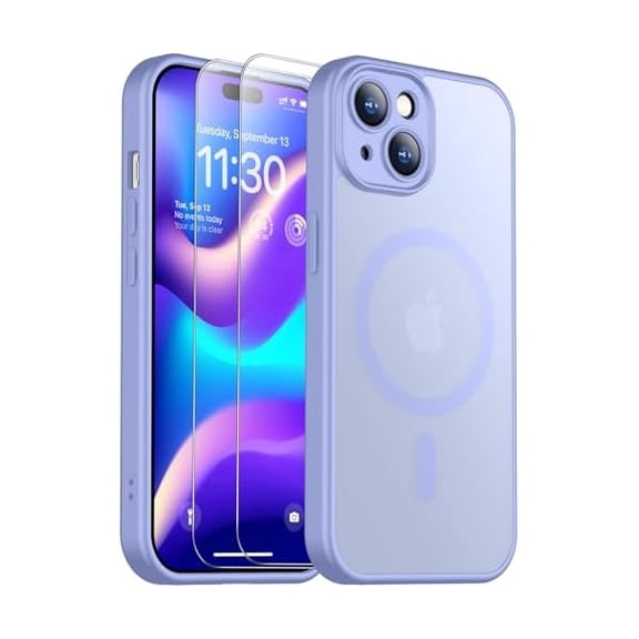 Eryueer for iPhone 15 Plus Case, Magnetic Translucent Matte Case with 2PCS Tempered Glass Screen Protector Slim Phone Case for iPhone 15 Plus 6.7'', Light Purple