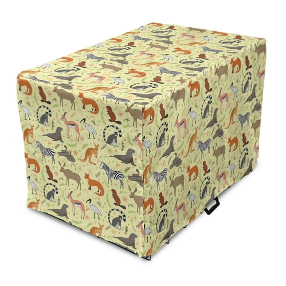 Zoo Dog Crate Cover, Savannah Animal Exotic Zebra Fox Beaver Antelope Lemur Kangaroo Rattlesnake, Easy to Use Pet Kennel Cover Small Dogs Puppies Kittens, 7 Sizes, Pale Yellow Multicolor, by Ambesonne