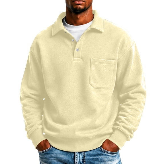 IAJDKMEK Men's Polo Collar Solid Long Sleeve Fleece Sweatshirt - Full Zip Pullover for Men, Fall Winter Top with Warm Inner,Beige L
