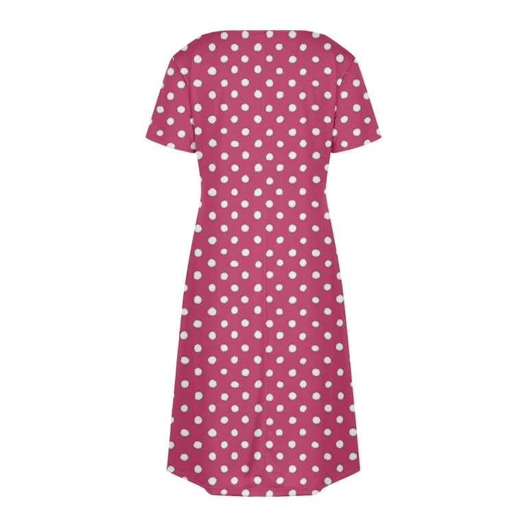 Bmawag Women Dresses Summer Plus Size Short Sleeve V-Neck Casual Polka Dot Midi Shift Dresses Beach Sundresses Hot Pink XL, Women's