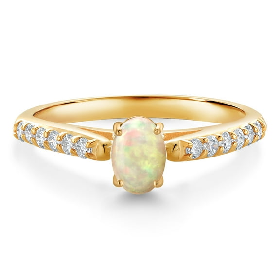 Gem Stone King 10K Yellow Gold White Ethiopian Opal and White Lab Grown Diamond Engagement Ring for Women (0.50 Cttw, Oval Cabochon 6X4MM, Gemstone Birthstone, Size 5)