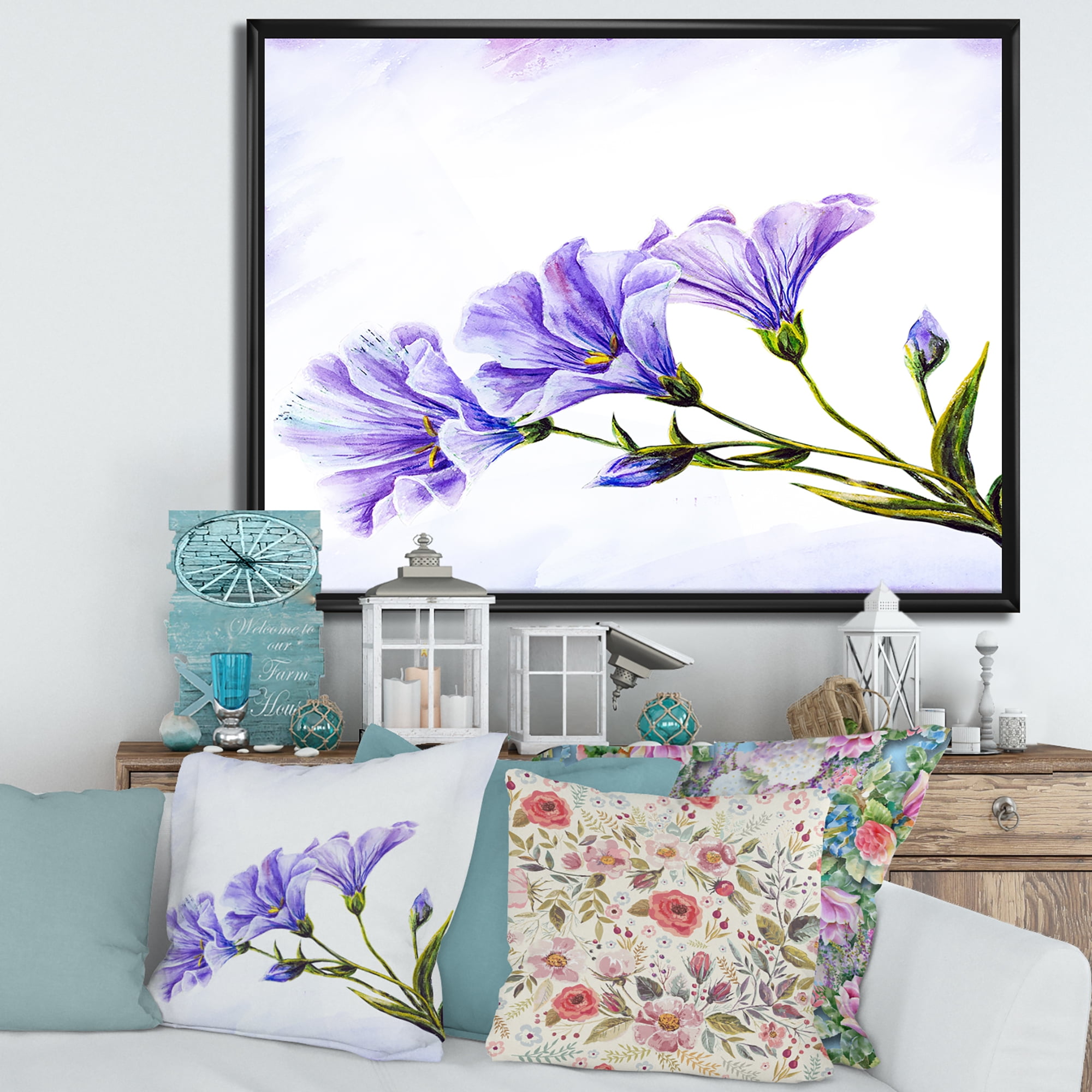 Blue Wildflowers With Leaves II 32 in x 16 in Framed Painting Canvas Art Print, by Designart