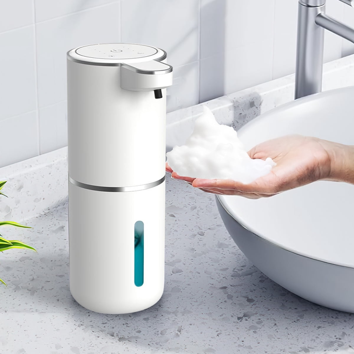FEELSO Automatic Soap Dispenser, Touchless Foaming USB-C Rechargeable, 4-Level Adjustable, Wall Mount or Countertop, White