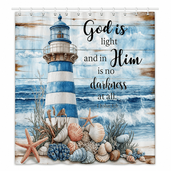 Nautical Lighthouse Shower Curtain for bathroom,Blue Ocean Coastal Beach Bible Verse Scripture Shower Curtains Set,Vintage Rustic Wood Sea Starfish Seashells Fabric Decor Bathtub with Hooks,72X72IN
